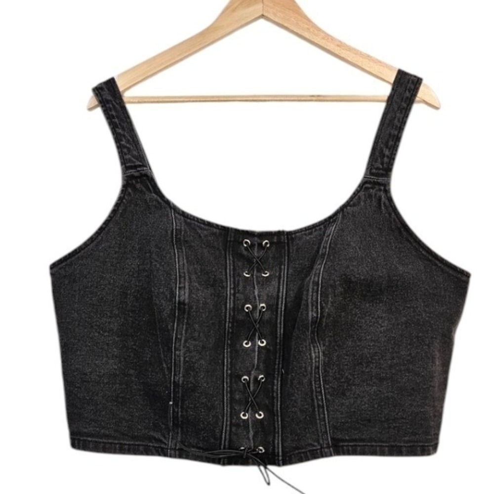 Womens Black Denim Crop Corset Top XXL Tank Lace Up Concert Goth